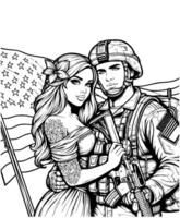 Standing with an American soldier and his girlfriend coloring page vector