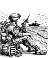 un americano soldado se sienta por el mar colorante página vector