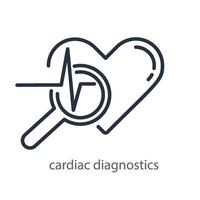 Heart, magnifying glass, and cardiogram are the symbol for cardiac diagnosis. Logo of a cardiology clinic. icon isolated on white background vector