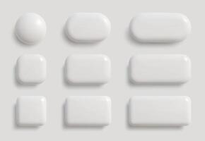 Simple white blank monochrome buttons in 3D style. Circle, square, rectangle shapes. illustration vector
