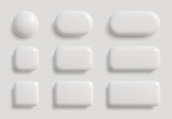 Simple white blank monochrome buttons in 3D style. Circle, square, rectangle shapes. illustration