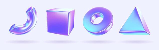 Holographic geometric 3d shapes collection. Abstract realistic elements with chrome and gradient effect. illustration vector