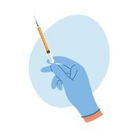 Hand in rubber gloves holding syringe with liquid for injection. Healthcare concept vector