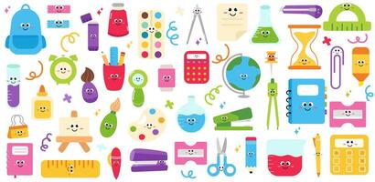 Big set with school stationery characters for kids. School supplies with smiling faces vector