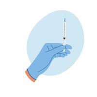 Doctors hand holding syringe to inject medicine. Doctor hands making an injection. Vaccination concept vector