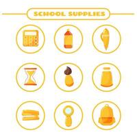 Cute childish school supplies. Back to School stationery smiling characters vector