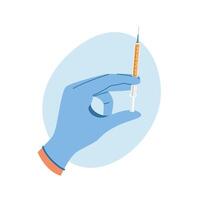 Hand in rubber gloves holding syringe with liquid for injection. Healthcare concept vector