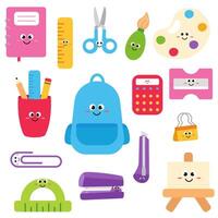 Set of kawaii style stationary. Flat doodle style school supplies vector