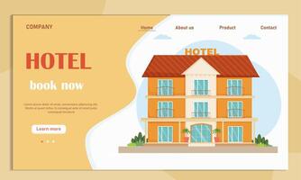 Hotel web banner or landing page. Tourism service. Booking apartment for vacation or business trip. Flat illustration with hotel building. vector