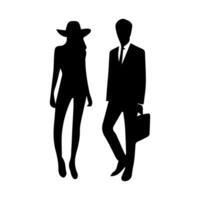 silhouettes of men and a women, a group of standing business people, black color isolated on white background vector