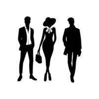 silhouettes of men and a women, a group of standing business people, black color isolated on white background vector