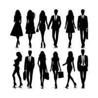 silhouettes of men and a women, a group of standing business people, black color isolated on white background vector