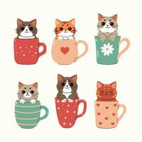 A set of cute kawaii cats sitting in mugs. graphics vector