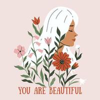 Portrait of a girl in profile with flowers. graphics. vector