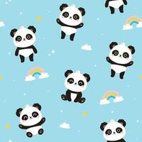 Seamless pattern with cute kawaii pandas, rainbows, clouds on a blue background. graphics. vector