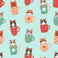 Seamless pattern with cute kawaii cats in mugs. graphics. vector