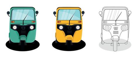 Set of yellow and green auto rickshaw front view illustrations in India vector