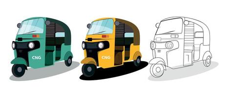 Set of yellow and green auto rickshaw side view illustrations in India vector