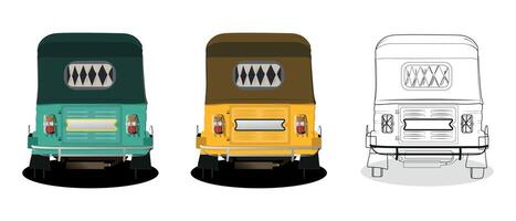 Set of yellow and green auto rickshaw back view illustrations in India vector