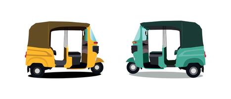 Set of yellow and green auto rickshaw side view illustrations in India vector