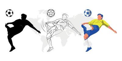 Soccer Player Kicking Ball silhouette and Line drawing football player Illustration vector