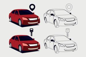 Different types of car icon set. side view of sedan car. location and key icon vector