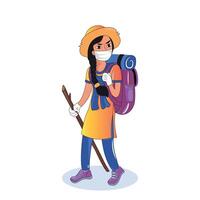 mujer viaje sin peligro con máscara ilustración vector