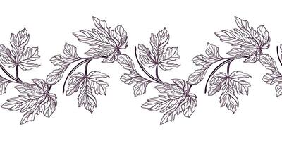 Figs seamless border. Curved branches with leaves. Illustration in graphic style. For cards, invitations, food and cosmetic packaging, covers, fabric, textiles, wallpaper. vector