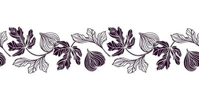 Figs seamless border. Curved branches with leaves and fruits. Illustration in graphic style. For cards, invitations, food and cosmetic packaging, covers, fabric, textiles, wallpaper. vector