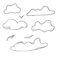 Clouds and birds set of black and white contour illustration isolated. Ink silhouette cloudy sky with flying birds hand drawn ink. Simple cartoon birds and cloud outline for coloring. vector