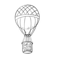 Hot air balloon black and white contour illustration isolated. Balloon silhouette with basket hand drawn ink. Simple cartoon airship coloring. Vintage air transport in line silhouette. vector