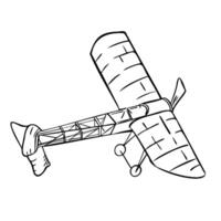 Black and white retro airplane illustration isolated. Flying aircraft with propeller ink hand drawn. Silhouette plane for childish design printed products, coloring. Airplane graphic line art. vector