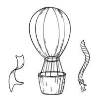 Hot air balloon black and white illustration isolated. Balloon silhouette with basket and a ribbon. Retro airship simple coloring. Black contour vintage air transport and rope hand drawn. vector