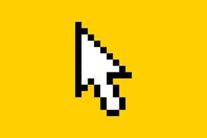 Cute sticker for social networks in pixel style. Call-To-Action computer mouse pointer icon. 8 bit element on a yellow background, button for blog. vector