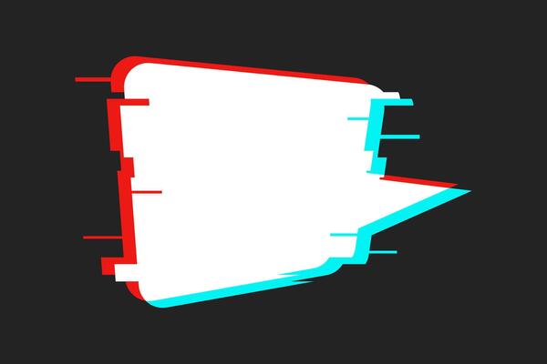 White speech bubble with retro glitch effect on a textured background. Broken Pixels, Banner Template with Empty Space for Text, Futuristic Cyber Effect.