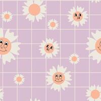 Y2K aesthetics, Groovy Daisy Flowers with smiles Seamless Pattern in swatches. Floral Background in 1970s Hippie Retro Style for Print on Textile, Wrapping Paper, Web Design and Social Media. vector