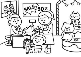 Family in toys shop coloring pages style. vector