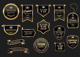 Golden luxury labels and badges gold premium quality certificate ribbons illustration vector