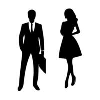 silhouettes of men and a women, a group of standing business people, black color isolated on white background vector