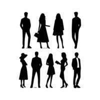 silhouettes of men and a women, a group of standing business people, black color isolated on white background vector