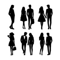 silhouettes of men and a women, a group of standing business people, black color isolated on white background vector