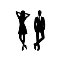 silhouettes of men and a women, a group of standing business people, black color isolated on white background vector