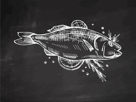 Hand-drawn monochrome sketch of barbecue fish. Doodle vintage illustration on chalkboard background. Decorations for the menu of cafes and labels. vector