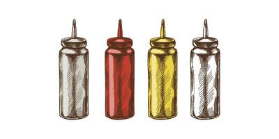 Hand-drawn colored and monochrome sketch of bottles with ketchup, mayonnaise and mustard. Doodle vintage illustration on white background. vector