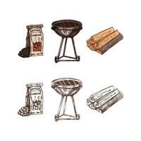 Hand-drawn colored and monochrome sketch of Barbecue grill, charcoal and firewood on white background. Doodle vintage illustration. Decorations for menu. vector