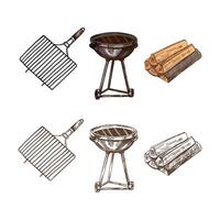 A set of hand-drawn colored and monochrome sketches of barbecue and picnic elements, barbecue grill, firewood. For the design of the menu, grilled food. vector