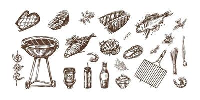 A set of hand-drawn monochrome sketches of barbecue and picnic elements, barbecue grill, tools, grilled fish, fish steaks. For the design of menu of cafes. Doodle vintage illustration. vector