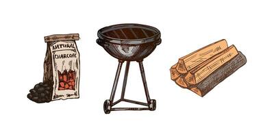 Hand-drawn colored sketch of Barbecue grill, charcoal and firewood on white background. Doodle vintage illustration. Decorations for the menu of cafes and labels. vector