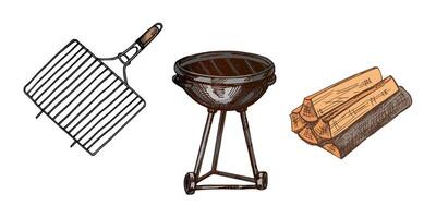 A set of hand-drawn colored sketches of barbecue and picnic elements, barbecue grill, firewood. For the design of the menu of restaurants, grilled food. vector