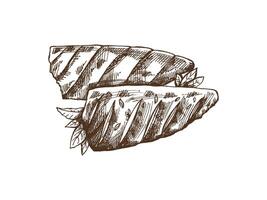 dibujado a mano monocromo bosquejo de parilla pez. garabatear Clásico ilustración. decoraciones para el menú de cafeterías y etiquetas. grabado imagen. vector